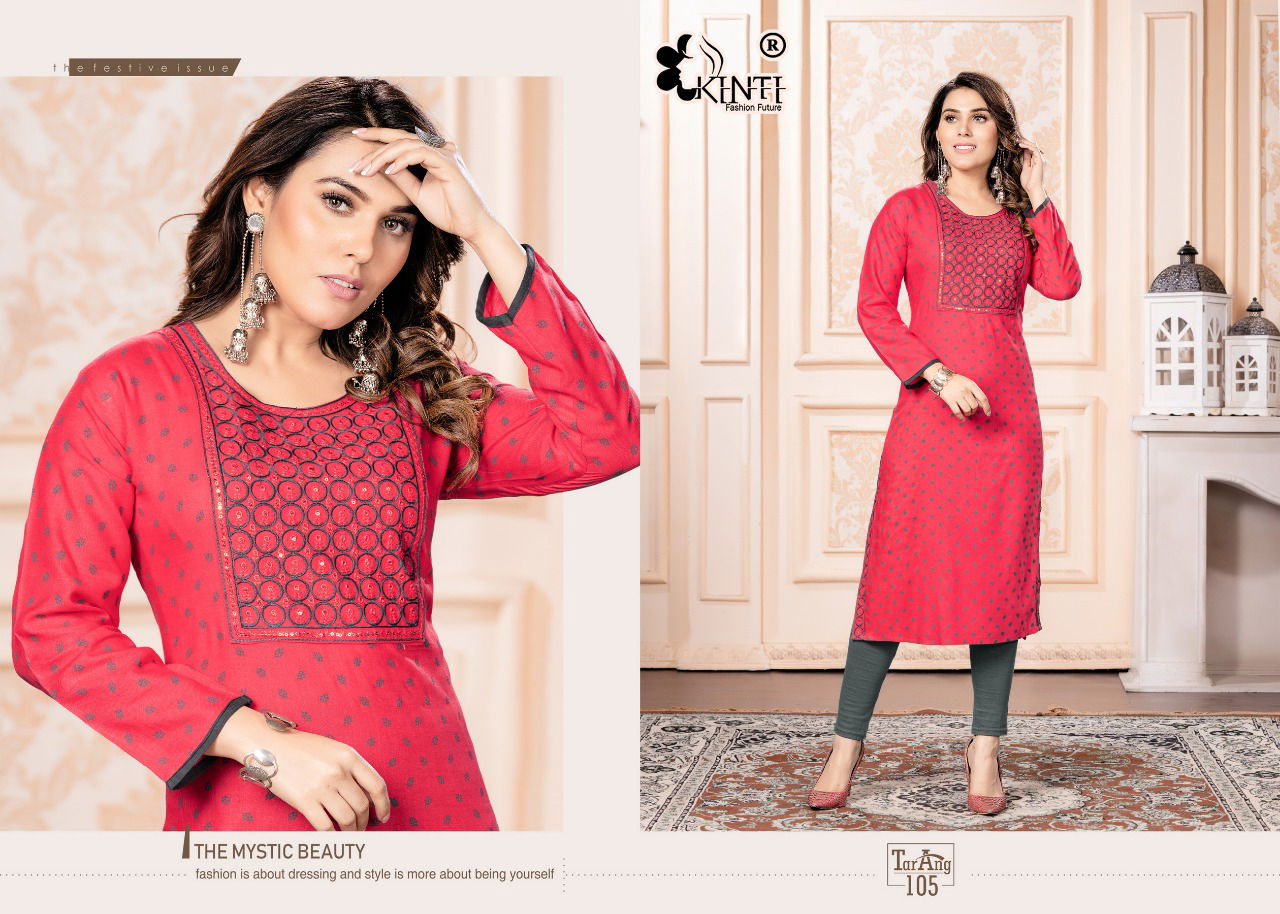Kinti Tarang Rayon Slub Print Ethnic Wear Embroidery Kurti Collection